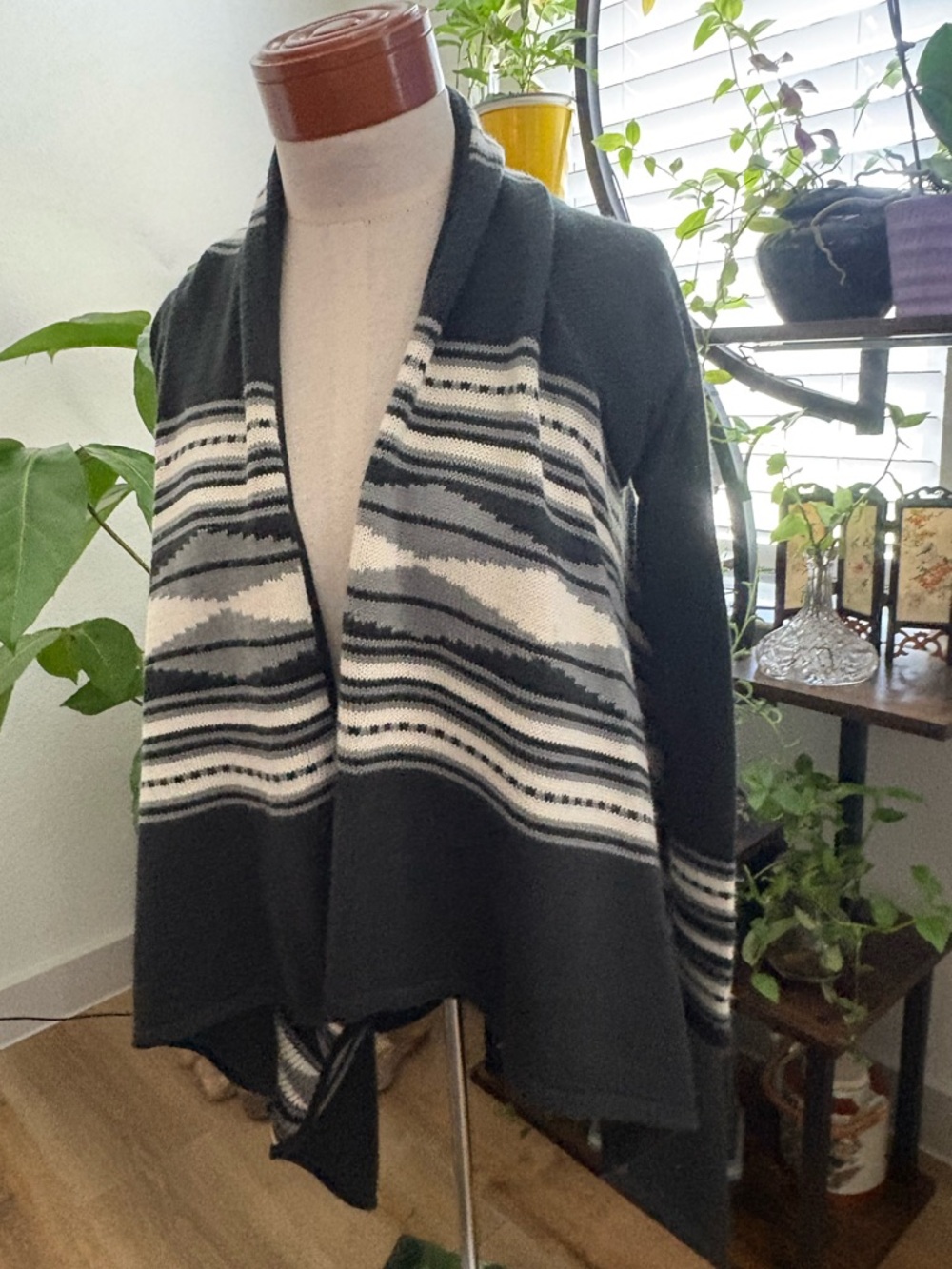 REMAIN Striped Open-Front Charcoal Shawl Cardigan - Women Sweater NWOT SZ- XS